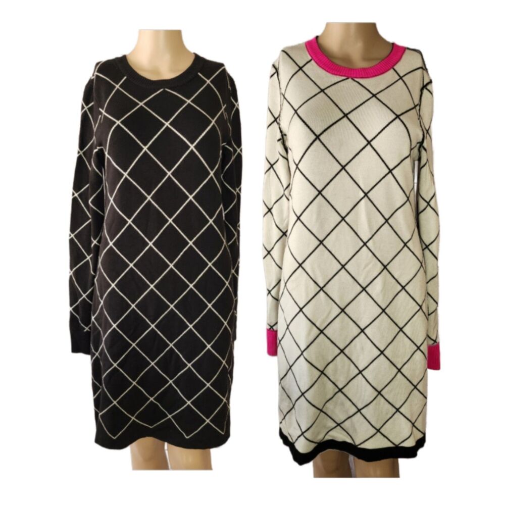 Eliza J. Reversible Long Sleeve Sweater Dress Grid Pattern - Small